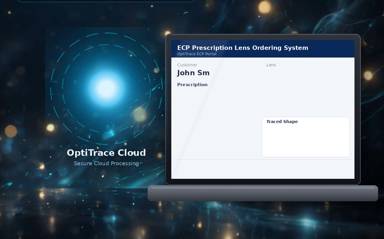 OptiTrace app to OptiTrace Cloud to ECP prescription lens ordering system